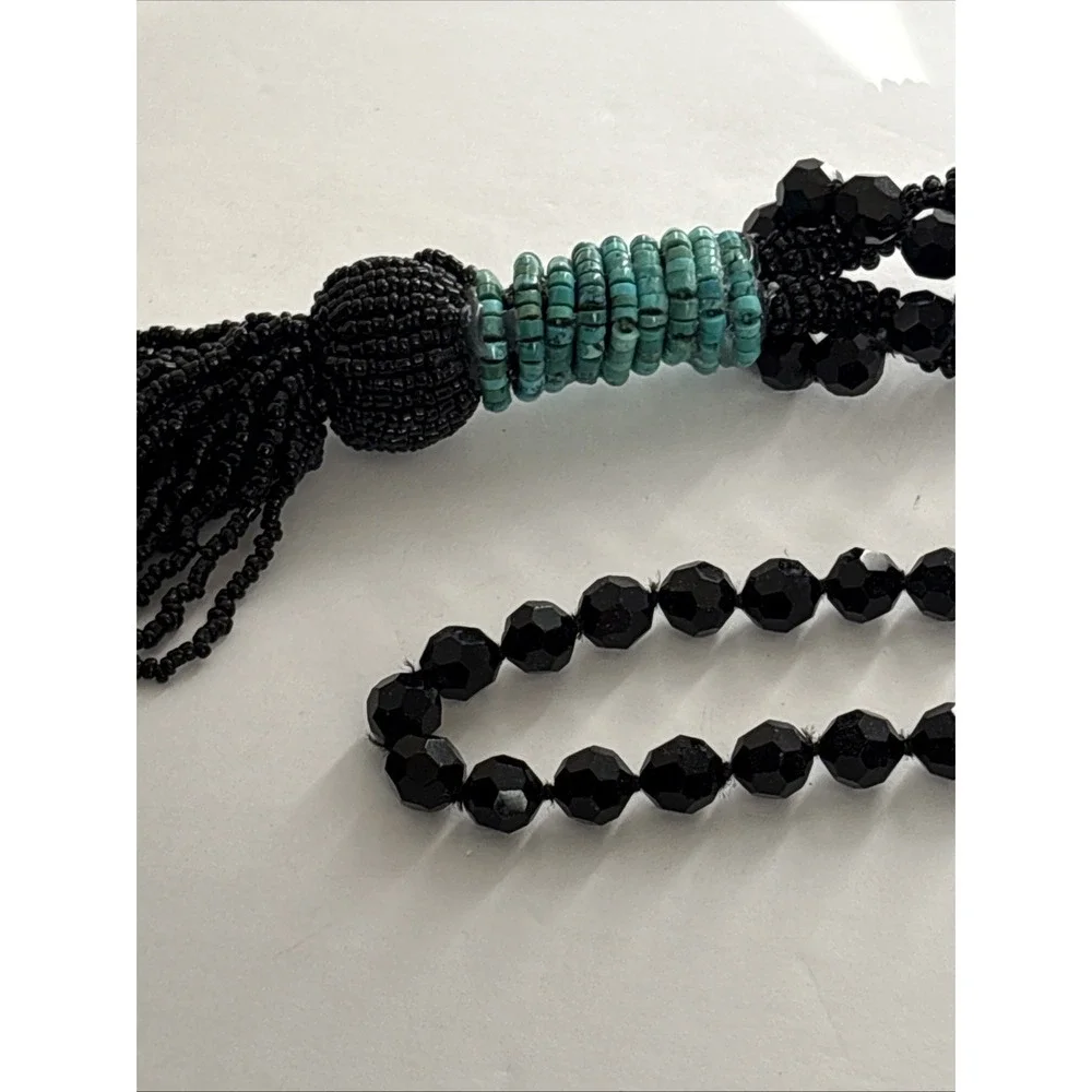Victorian Jet Black Faceted Beaded Mourning Necklace with Turquoise Accent